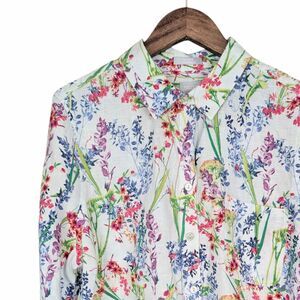 Chico's No Iron FreshChic 100% Linen Floral Print 3/4 Sleeve Button-Up Shirt 2 L